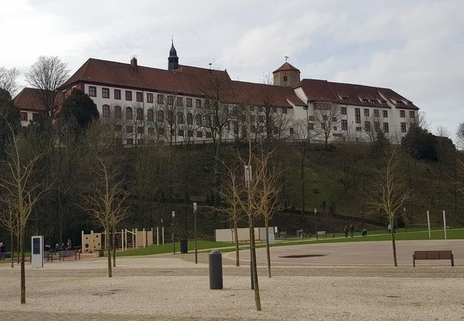 Ein historisches Gebäude mit roten Dächern und einem Glockenturm steht auf einem Hügel, umgeben von Bäumen und einer Parkanlage darunter.