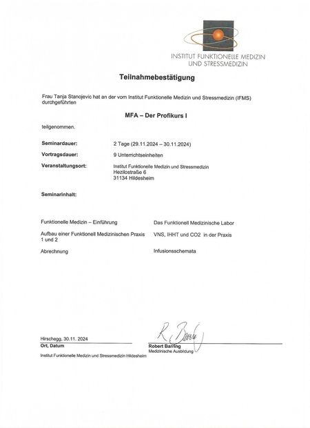 Teilnahmebestätigung am "Institut für Funktionelle Medizin und Stressmedizin (IFMS)"
