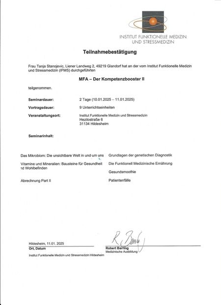Teilnahmebestätigung am "Institut für Funktionelle Medizin und Stressmedizin (IFMS)"