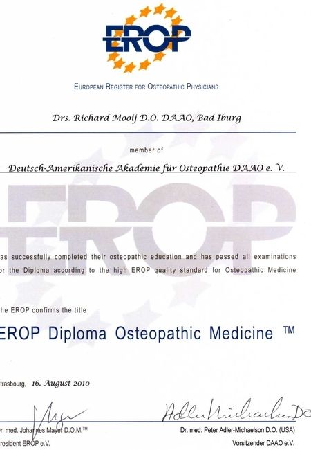 Zertifikate - Praxis für Ganzheitliche Ärztliche Osteopathie Drs. Richard Mooij