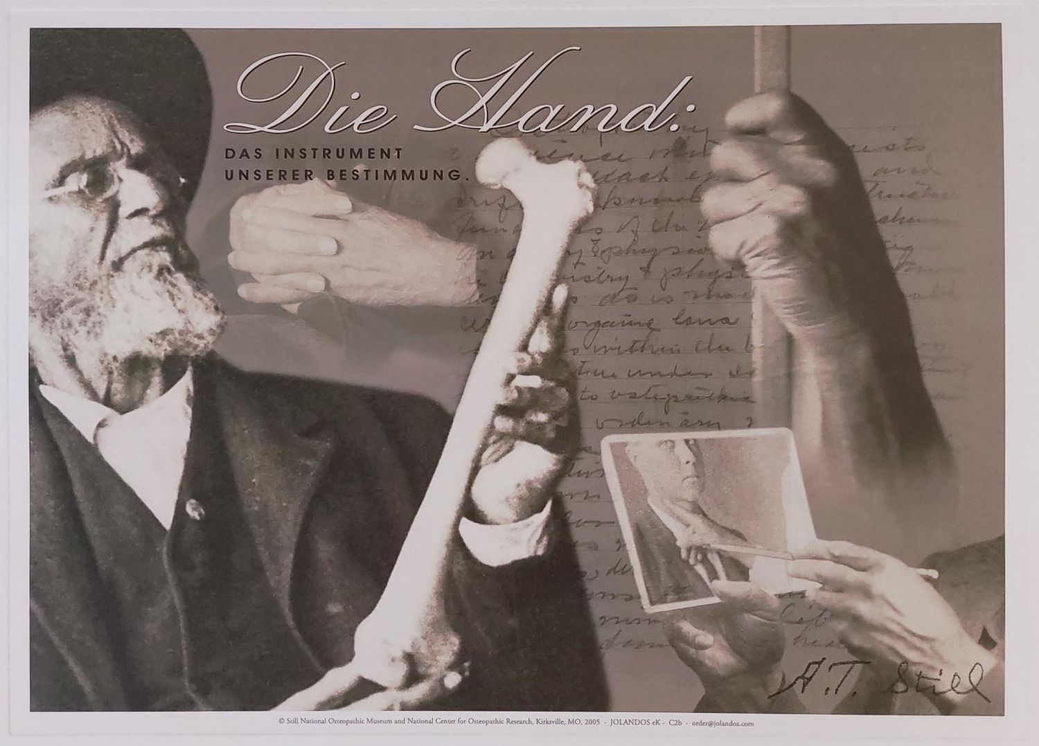 Eine Vintage-Fotocollage mit Händen, die einen Knochen halten, einem Foto und handgeschriebenen Notizen mit dem Titel: Die Hand: Das Instrument unserer Bestimmung.