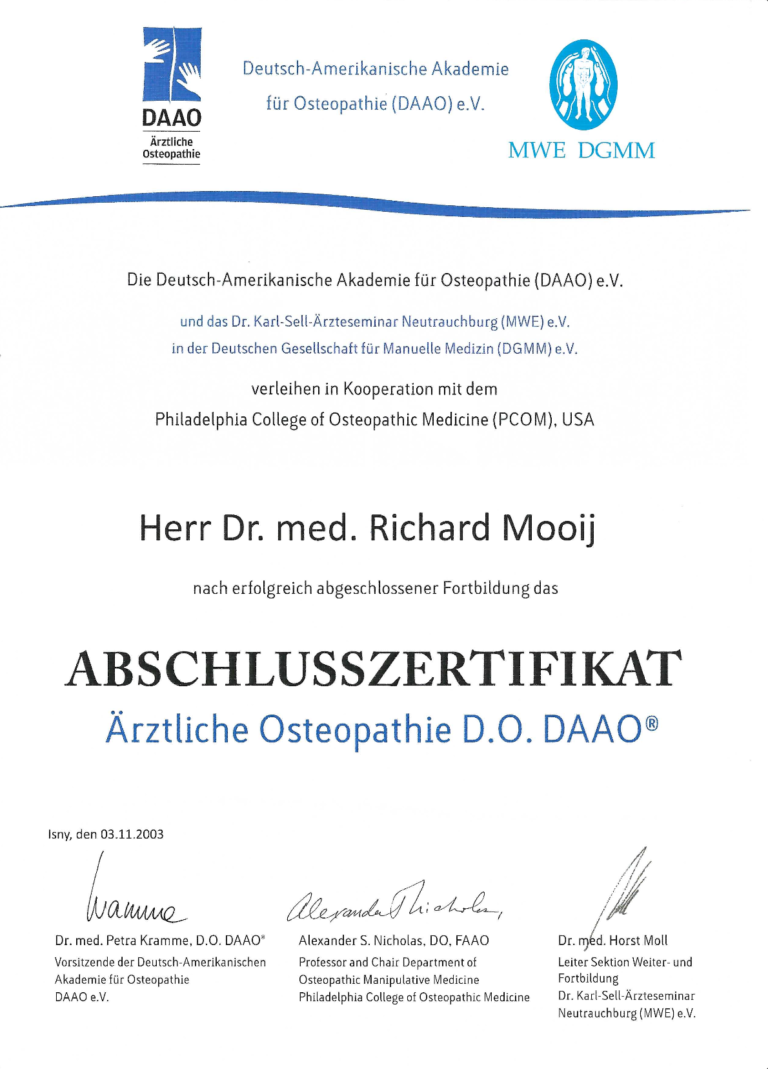 Abschlusszertifikat Ärztliche Osteopathie D.O. DAAO