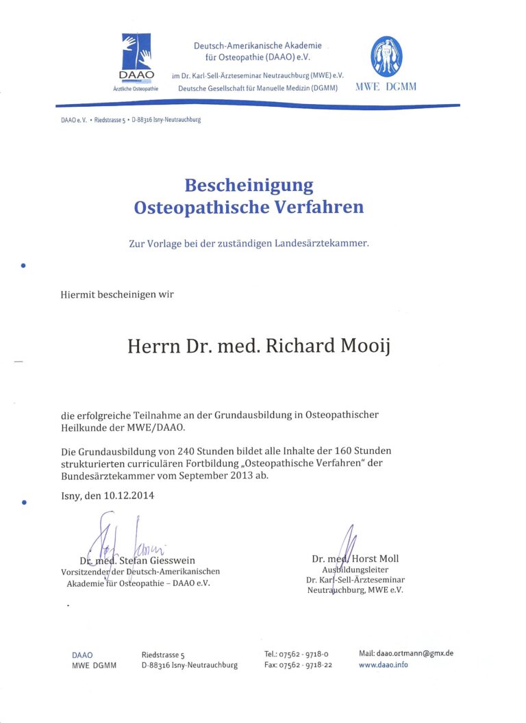 Bescheinigung 'Osteopathishe Verfahren'