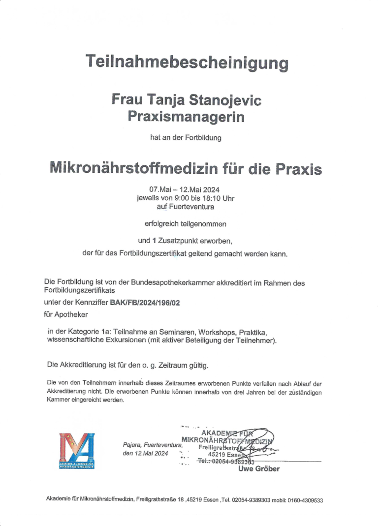 Teilnahmebescheinigung-Mikronährstoffmedizin für die Praxis Tanja Stanojevic