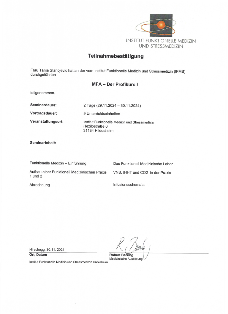 Teilnahmebestätigung MFA Profikurs I Tanja Stanojevic