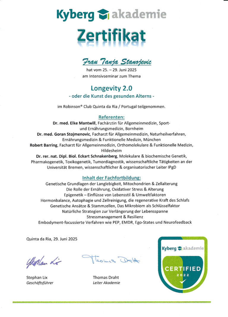 Zertifikat Kyberg Akademie Longevity 2.0 2025 TS